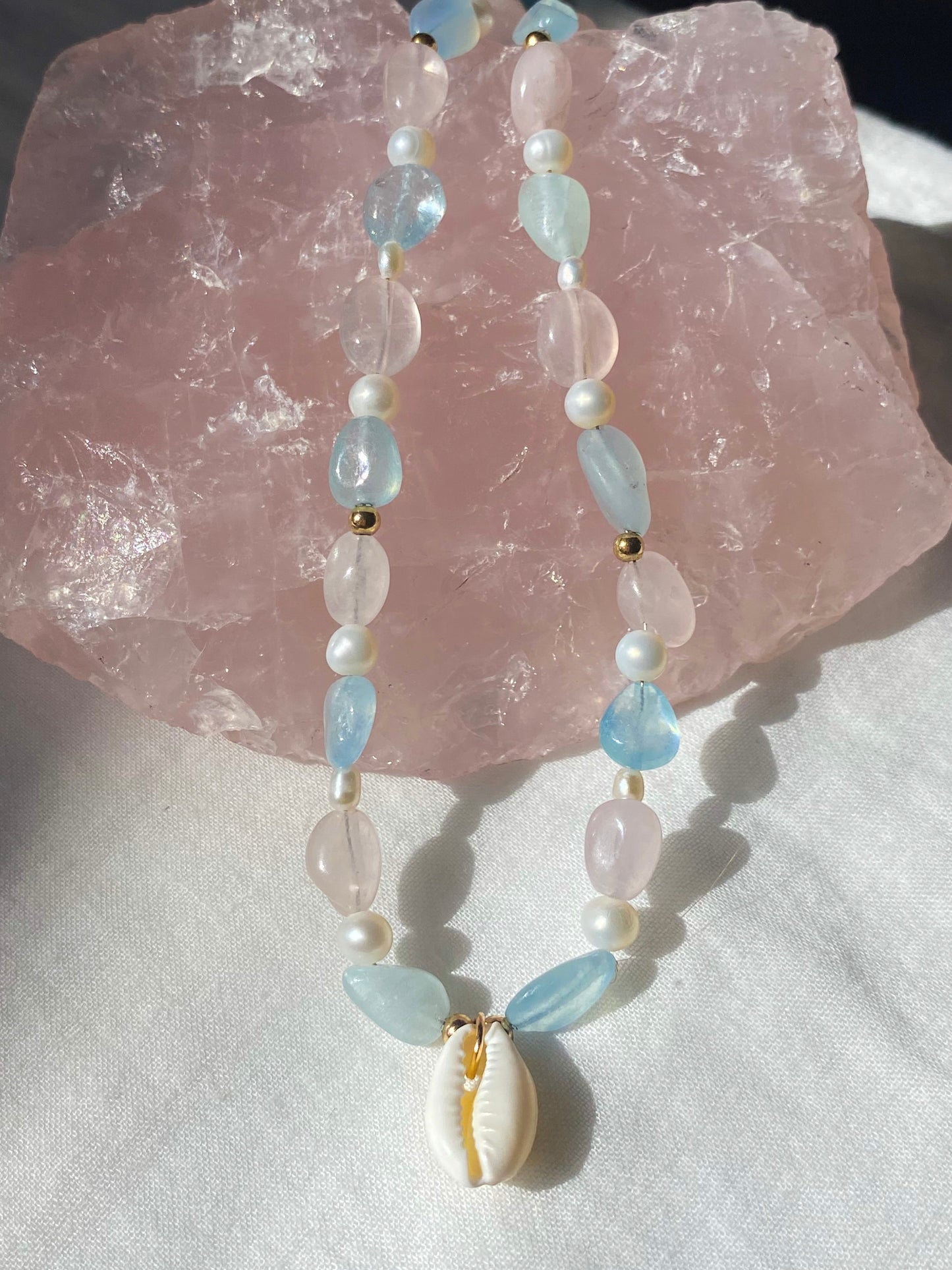 Gold aquamarine & rose quartz necklace