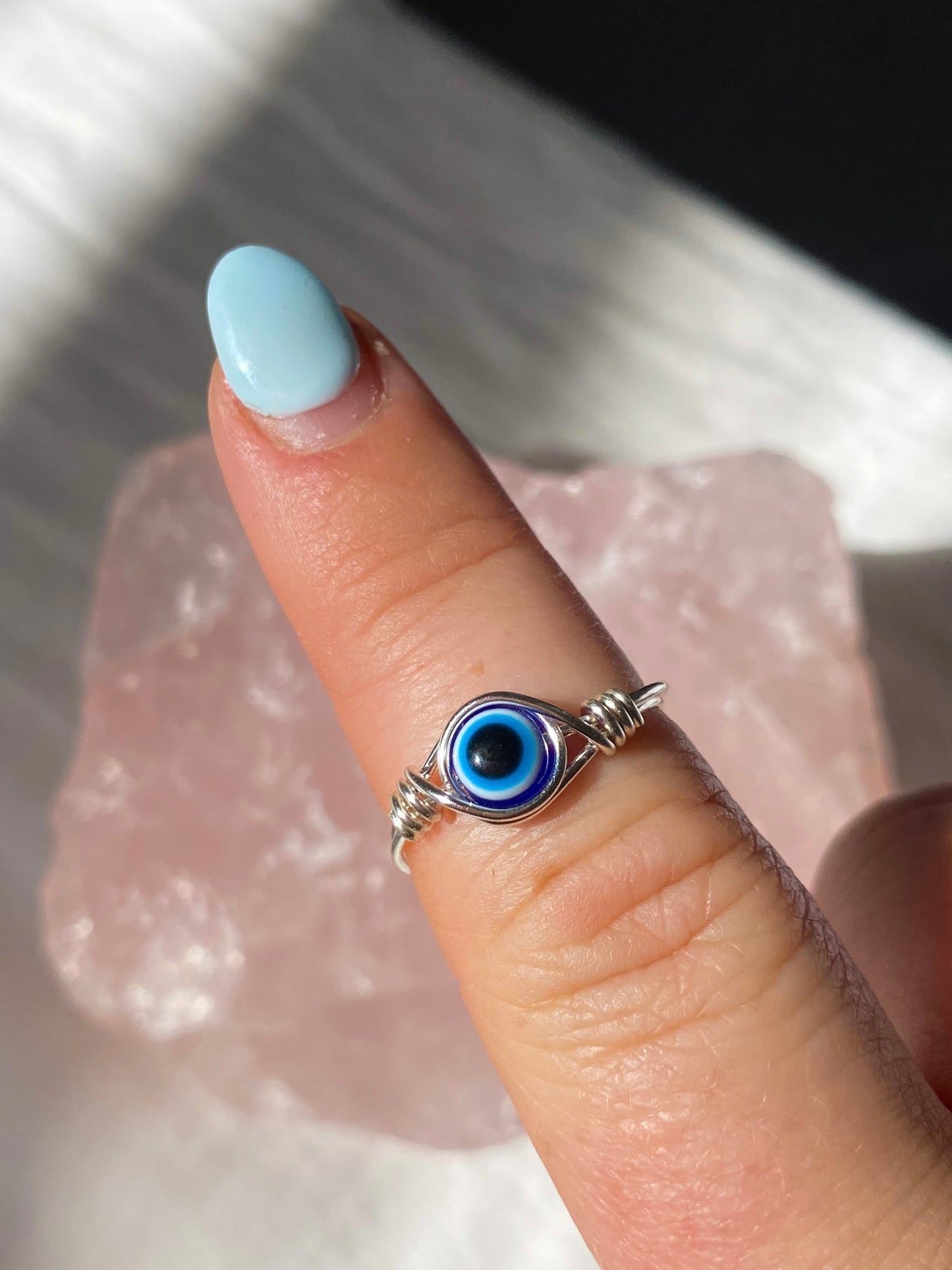 Silver evil eye intention ring