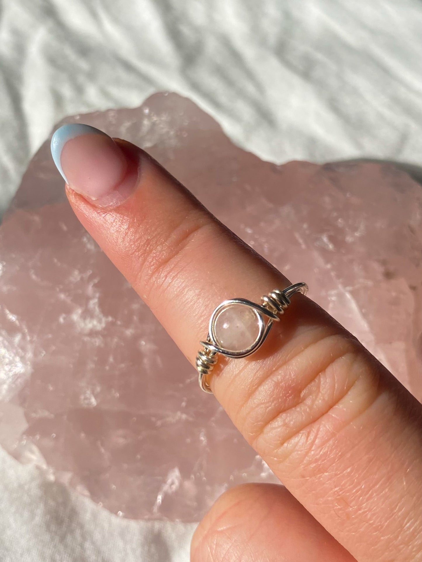 Silver rose quartz intention ring