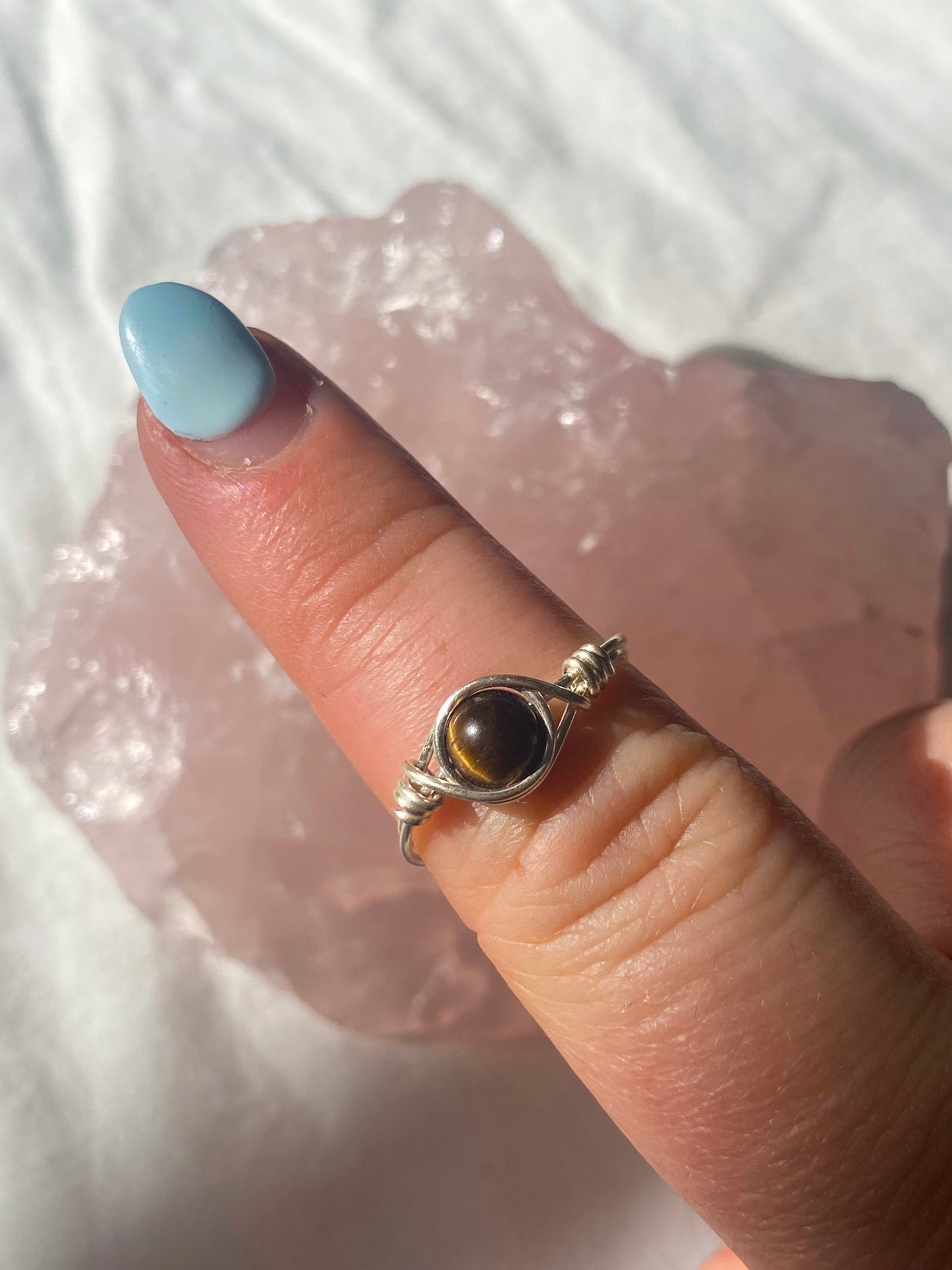 Silver tigers eye intention ring