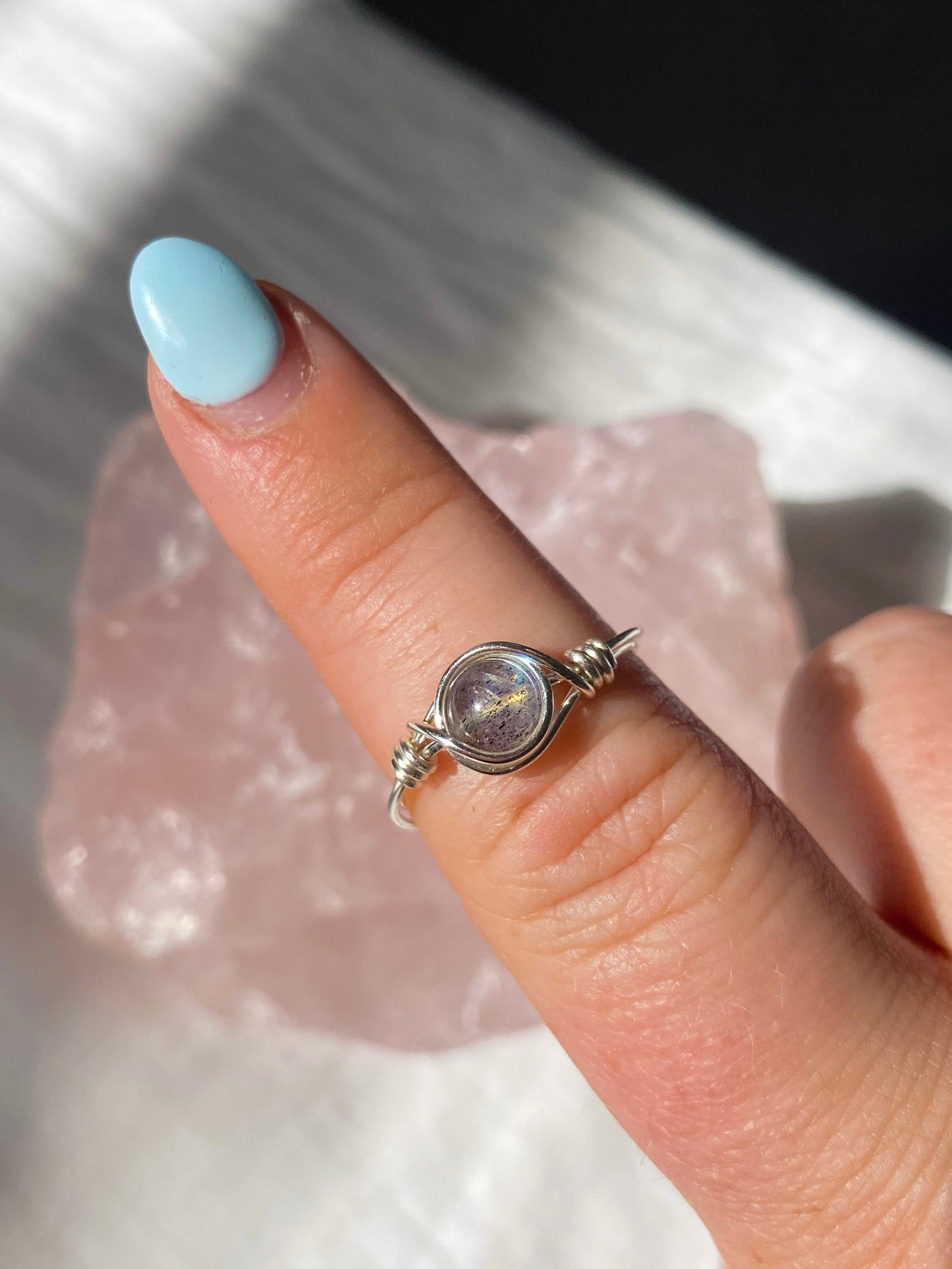 Silver labradorite intention ring