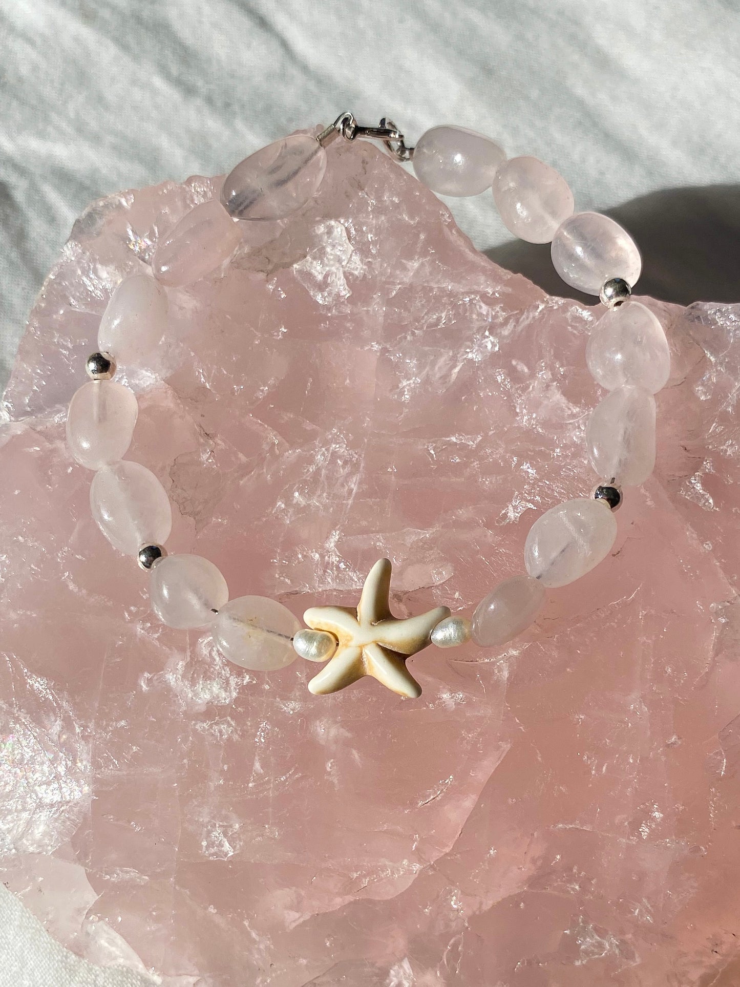 Silver rose quartz star fish bracelet
