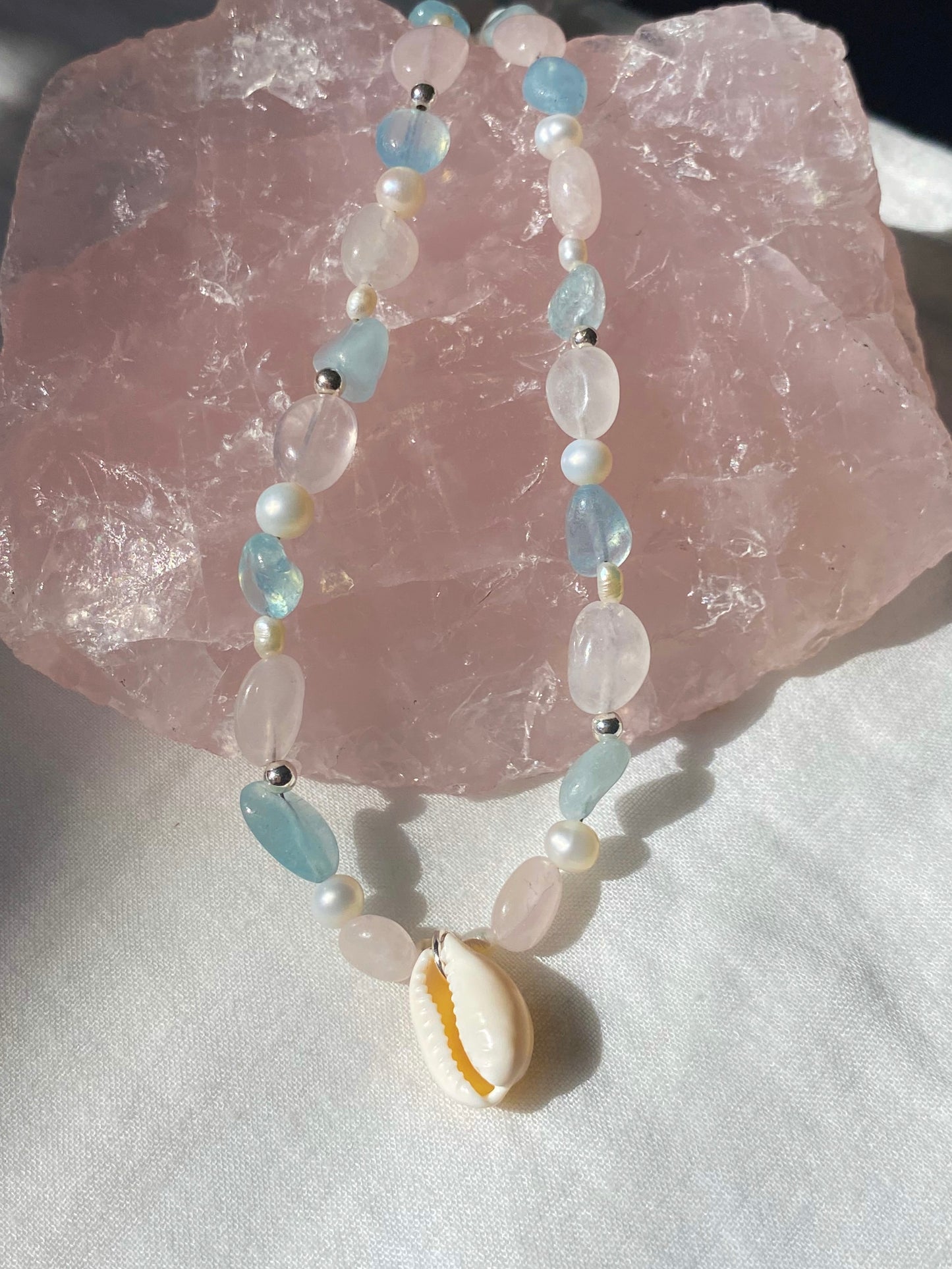 Silver aquarium & rose quartz necklace